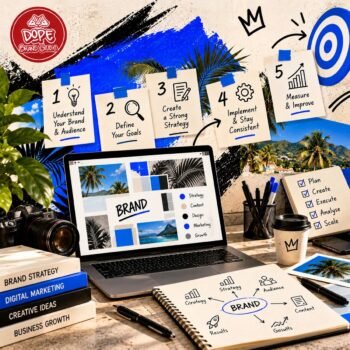 Brand marketing strategy workspace featuring a laptop with analytics, a five-step planning roadmap, marketing notes, and goal-setting materials to illustrate practical ways to improve brand marketing