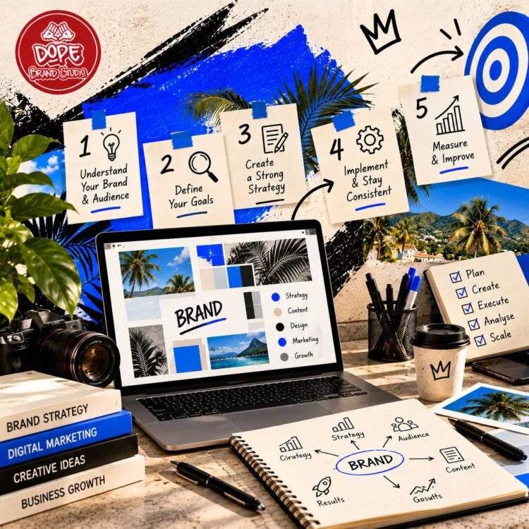 Brand marketing strategy workspace featuring a laptop with analytics, a five-step planning roadmap, marketing notes, and goal-setting materials to illustrate practical ways to improve brand marketing