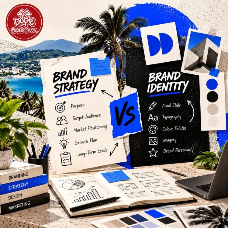 Brand strategy and brand identity moodboard featuring visual branding elements, colour palettes, typography samples, and creative design materials illustrating the difference between brand strategy and visual identity