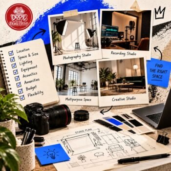Creative studio interior featuring photography equipment, professional lighting, a recording setup, and a comfortable workspace for photo shoots and audio recording