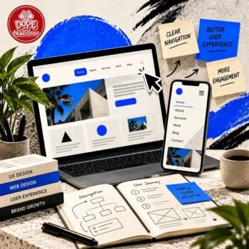 Website navigation design featuring a laptop and smartphone displaying clear menus, organized page links, and a user-friendly website layout.