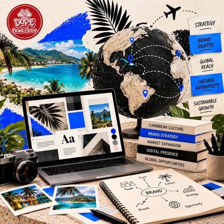 Caribbean-inspired branding workspace featuring tropical landscapes, a world map, global travel routes, and brand strategy materials representing international business growth
