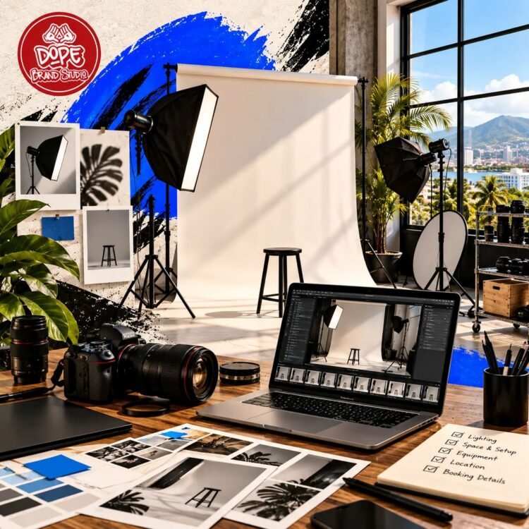 Professional photo studio in Kingston featuring photography equipment, studio lighting, a backdrop setup, and a creative space for photo shoots
