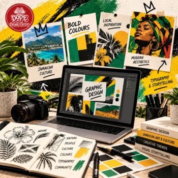 Vibrant Jamaican graphic design moodboard featuring bold typography, tropical colours, textured paper elements, and contemporary poster designs inspired by Jamaica’s creative culture