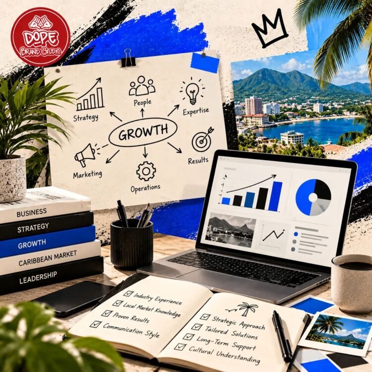 Business growth strategy workspace featuring planning notes, business analytics, growth charts, and strategic documents, representing business consulting and growth opportunities in Jamaica